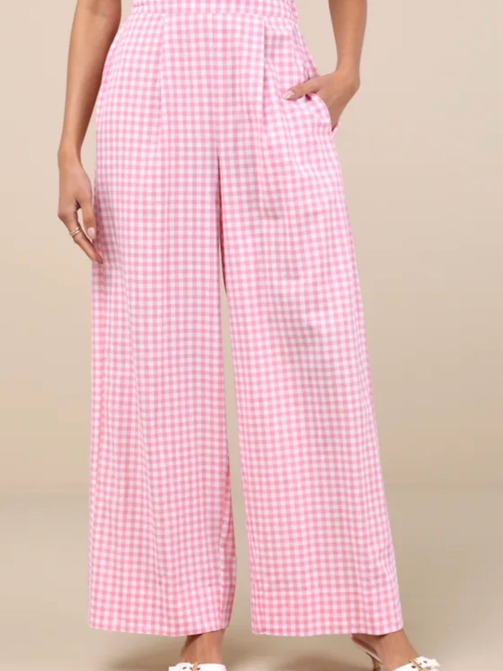 Pink and White Gingham Wide Leg Pant - Picture 3 of 8